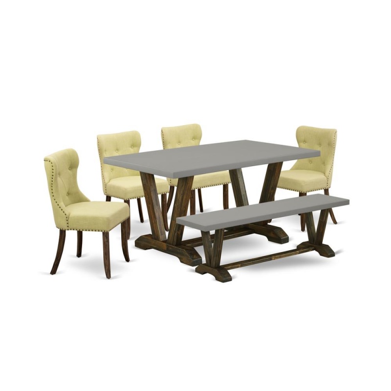 East West Furniture 6-Piece Kitchen Dining Table Set-Limelight Linen Fabric Seat And Button Tufted Back Parson Dining Chairs-Wooden Dining Bench And Rectangular Top Wood Kitchen Table With Wood Legs -