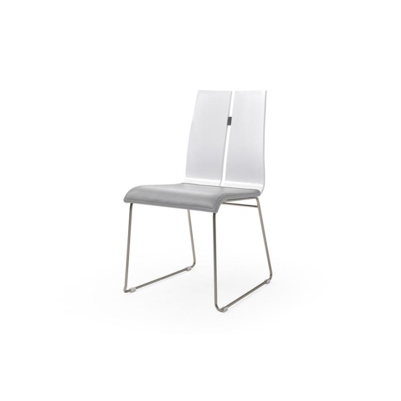Lauren Dining Chair. High Gloss White Grey Faux Leather. Metal Frame With Brushed Nickel Finish