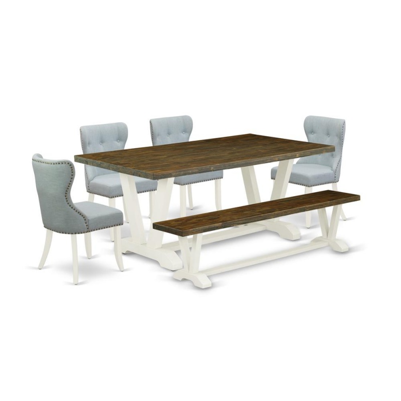 East West Furniture V077si215-6 6-Piece Dining Table Set- 4 Padded Parson Chairs With Baby Blue Linen Fabric Seat And Button Tufted Chair Back - Rectangular Top & Wooden Legs Dining Room Table And Kit