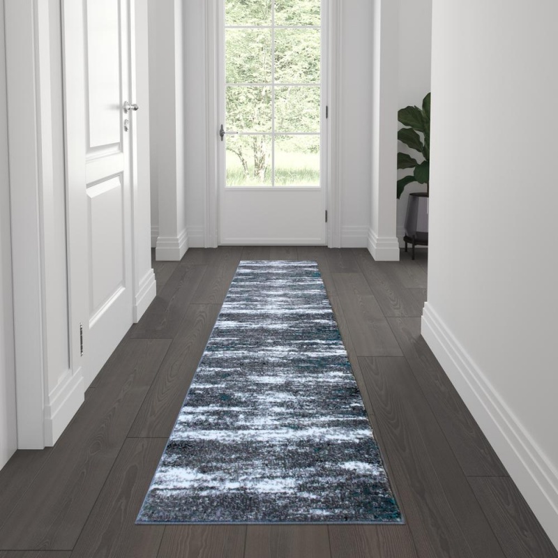 Marian Collection 2' X 7' Distressed Turquoise Olefin Area Rug With Jute Backing For Entryway, Living Room, Bedroom