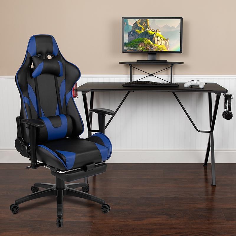 Black Gaming Desk With Cup Holder/Headphone Hook And Monitor/Smartphone Stand & Blue Reclining Gaming Chair With Footrest