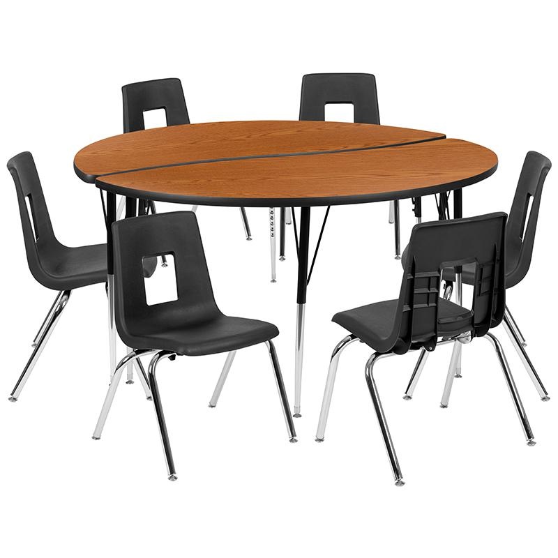 60" Circle Wave Collaborative Laminate Activity Table Set With 18" Student Stack Chairs, Oak/Black