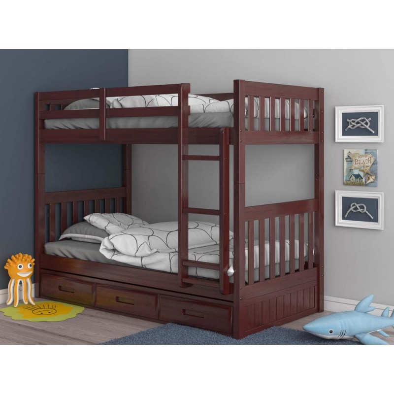 Os Home And Office Furniture Model Solid Pine Mission Twin Over Twin Bunk Bed With Three Drawers In Rich Merlot
