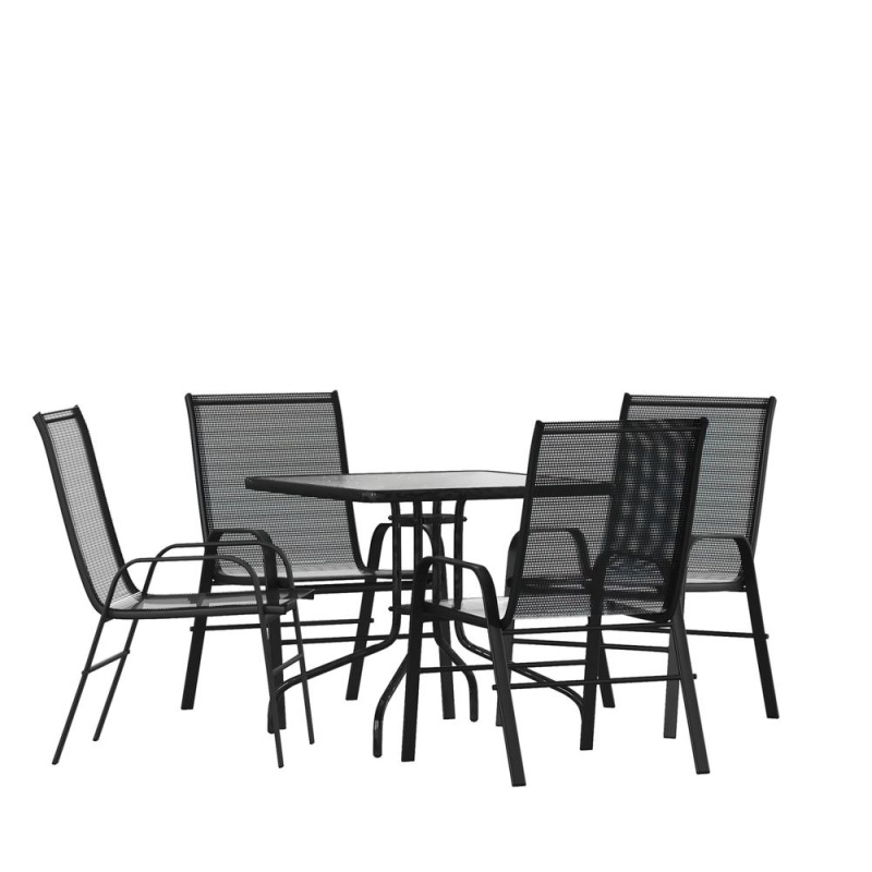 5 Piece Set - 31.5" Tempered Glass Patio Table, 4 Black Stack Chairs