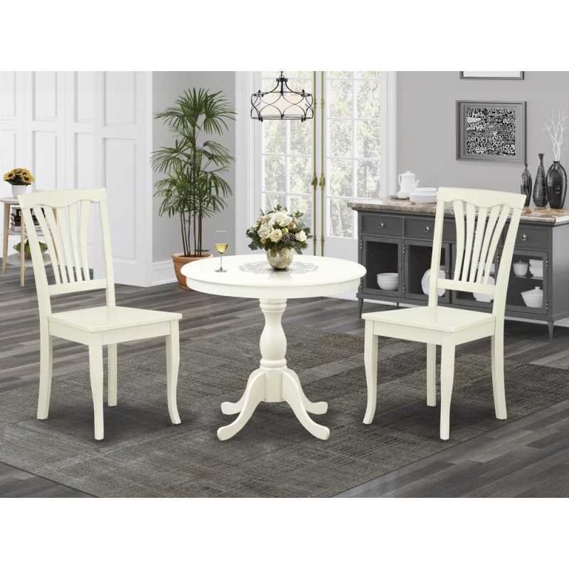 East West Furniture 3 Piece Dining Table Set Includes 1 Round Pedestal Dining Table And 2 Linen White Dinning Room Chairs With Slatted Back - Linen White Finish