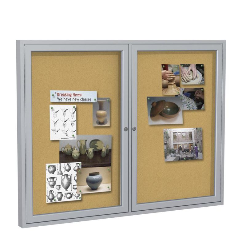 48"X60" 2-Door Satin Aluminum Frame Enclosed Bulletin Board - Natural Cork