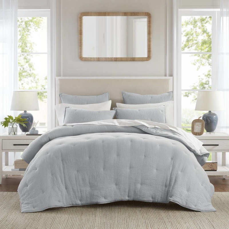 Breeze Cotton Gauze Embroidered Quilt Set, Blue Color