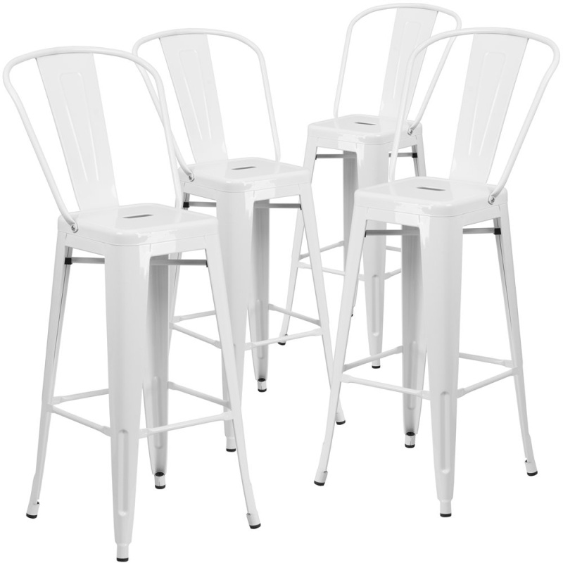 4 Pk. 30'' High White Metal Indoor-Outdoor Barstool With Back