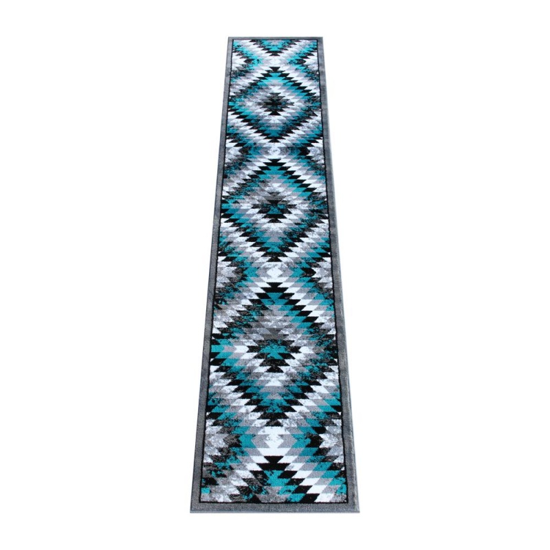 Teagan Collection Southwestern 2' X 11' Turquoise Area Rug - Olefin Rug With Jute Backing - Entryway, Living Room, Bedroom