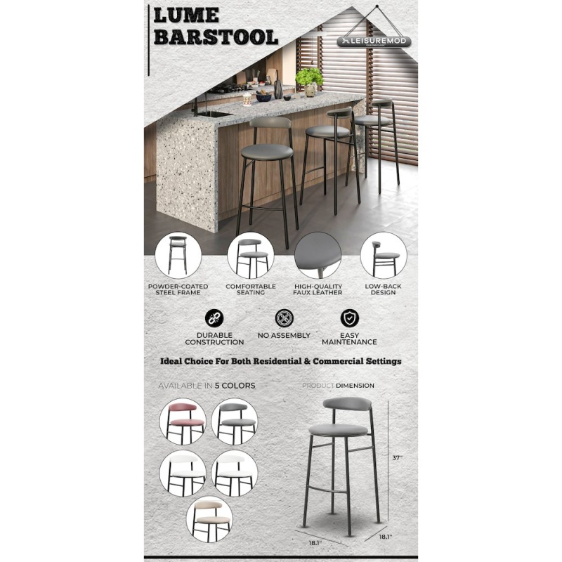 Lume Collection Modern Bar Stool in Charcoal