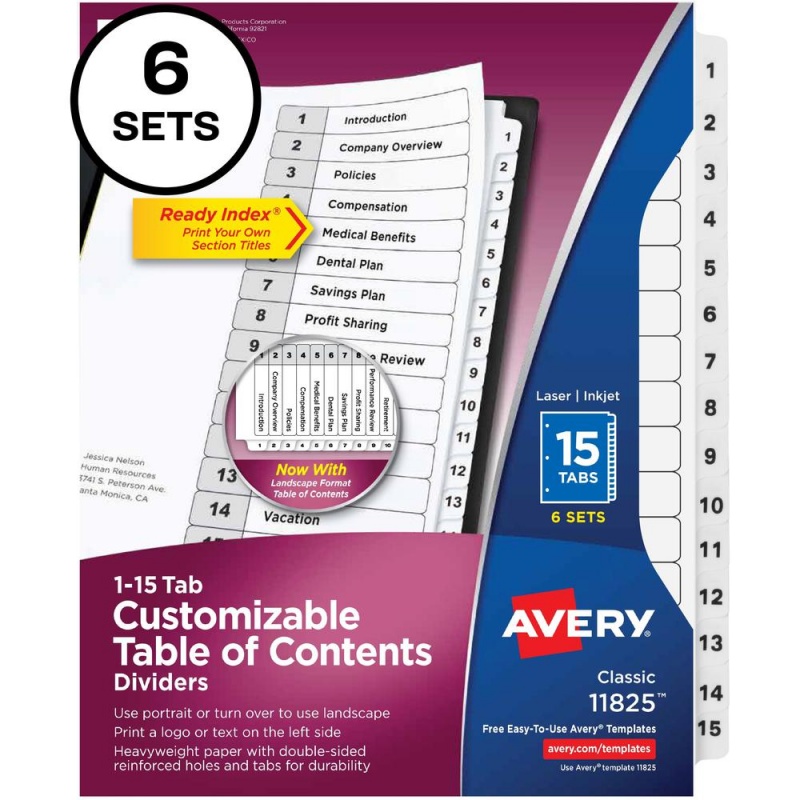Avery® 15-Tab Custom Table Of Contents Dividers - 90 X Divider(S) - 1-15, Table Of Contents - 15 Tab(S)/Set - 8.5" Divider Width X 11" Divider Length - 3 Hole Punched - White Paper Divider - White
