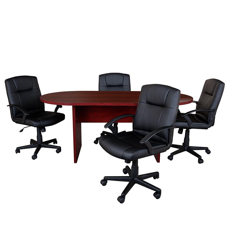 5 Piece Mahogany Oval Conference Table Set With 4 Black Leathersoft-Padded Task Chairs