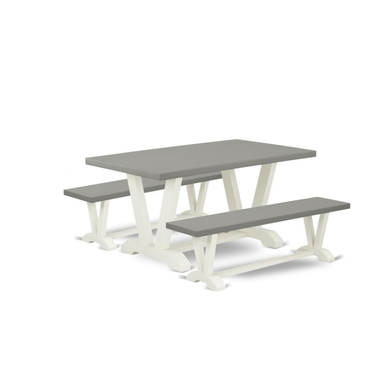 East West Furniture V2-096 3 Piece Small Dining Table Set For 4 - 1 Cement Dinning Table And 2 Kitchen Bench - Stable And Sturdy Constructed - Linen White Finish
