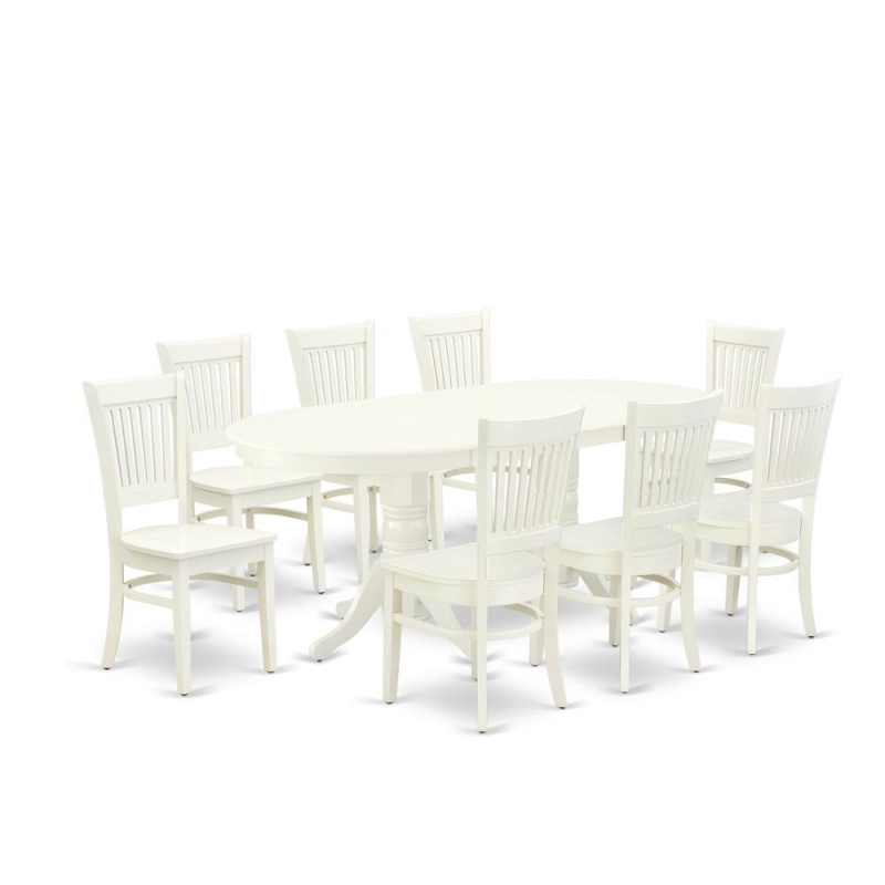 East West Furniture - Vava9-Lwh-W - 9-Pc Kitchen Table Set- 8 Mid Century Chair With Wooden Seat And Slatted Chair Back - Butterfly Leaf Dining Table - Linen White Finish