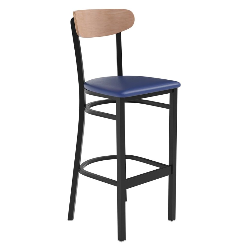 Wright Commercial Barstool With 500 Lb. Capacity Black Steel Frame, Natural Birch Finish Wooden Boomerang Back, And Blue Vinyl Seat
