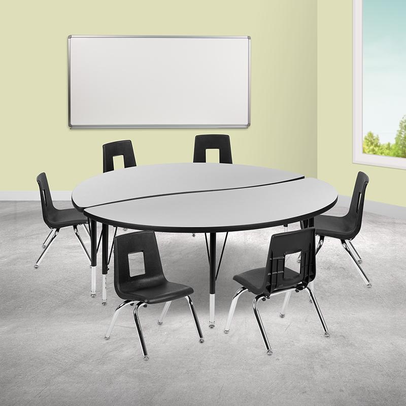 60" Circle Wave Collaborative Laminate Activity Table Set With 14" Student Stack Chairs, Grey/Black