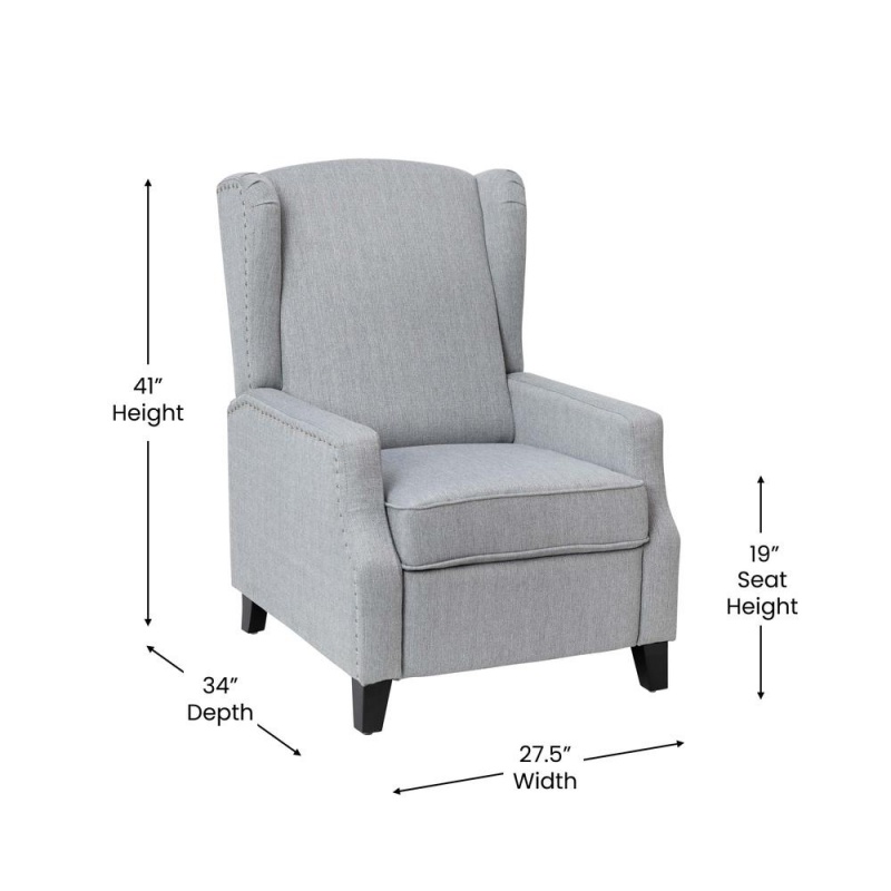 Prescott Traditional Style Slim Push Back Recliner Chair-Wingback Recliner With Gray Polyester Fabric Upholstery-Accent Nail Trim