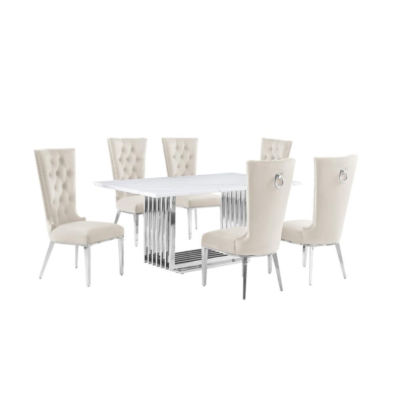 7Pc Small 68" Marble Top Dining Set with 6 Cream Chairs