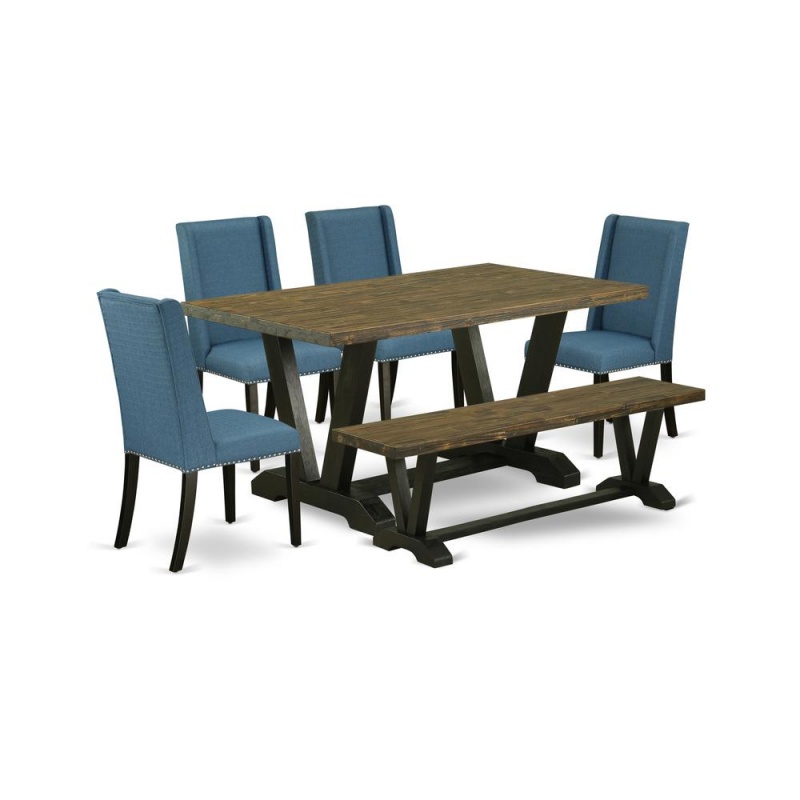 East West Furniture V676fl121-6 6-Piece Amazing Dining Room Set A Superb Distressed Jacobean Rectangular Dining Table Top And Distressed Jacobean Small Bench And 4 Awesome Linen Fabric Dining Room Cha
