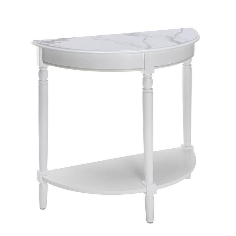 French Country Half-Round Entryway Table With Shelf, White Faux Marble/White
