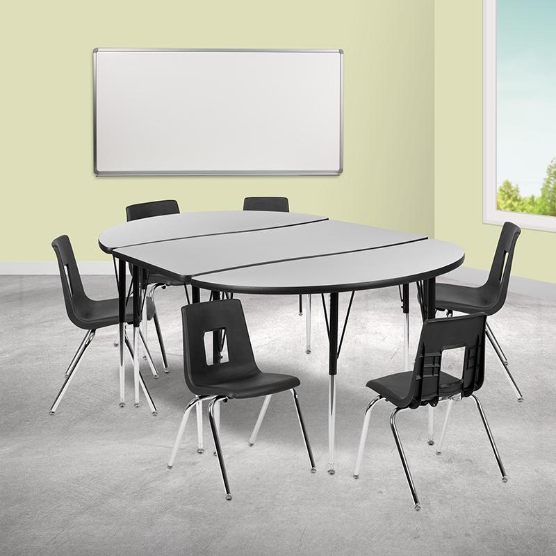 76" Oval Wave Collaborative Laminate Activity Table Set With 18" Student Stack Chairs, Grey/Black