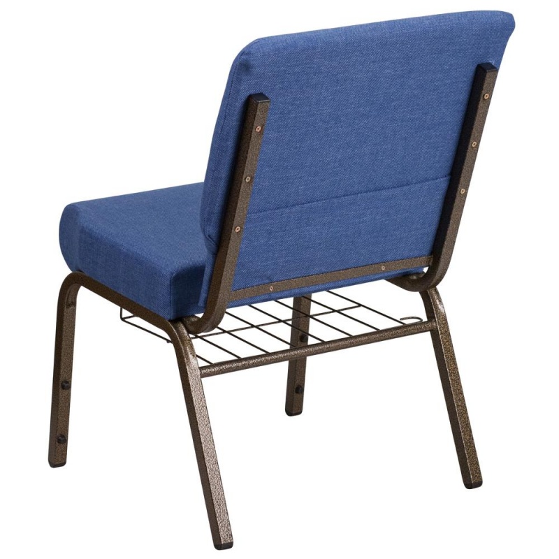 Hercules Series 21''W Church Chair In Blue Fabric With Cup Book Rack - Gold Vein Frame