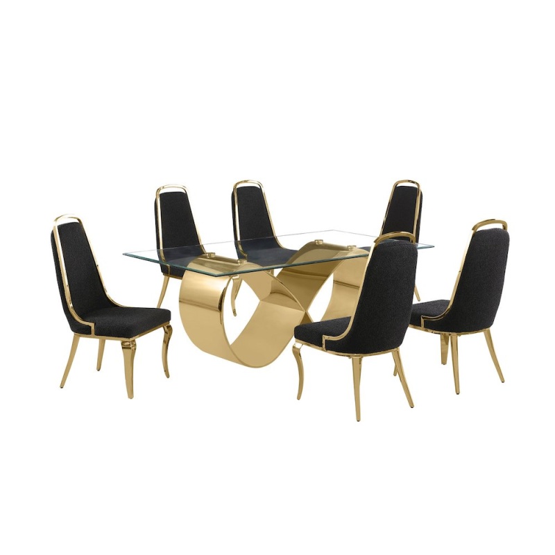 7Pc Tempered Glass Dining Set with 6 Black Boucle Side Chairs and a Gold Base