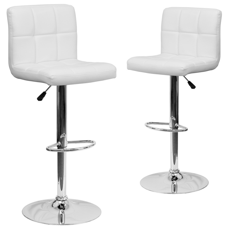 2 Pk. Contemporary White Quilted Vinyl Adjustable Height Barstool With Chrome Base