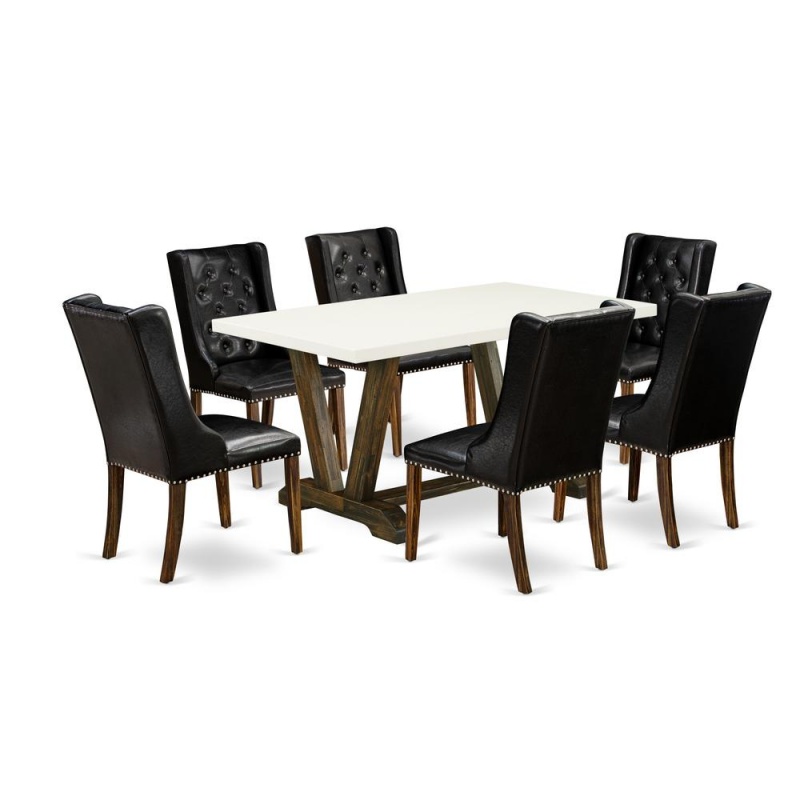 East West Furniture V726fo749-7 7-Piece Kitchen Table Set - 6 Black Pu Leather Parson Chairs Button Tufted With Nail Heads And Rectangular Table - Distressed Jacobean Finish