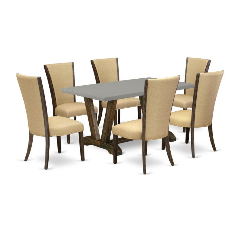 East West Furniture V796ve703-7 7Pc Dinette Sets For Small Spaces Includes A Rectangular Table And 6 Parson Dining Chairs With Brown Color Linen Fabric, Medium Size Table With Full Back Chairs, Distre