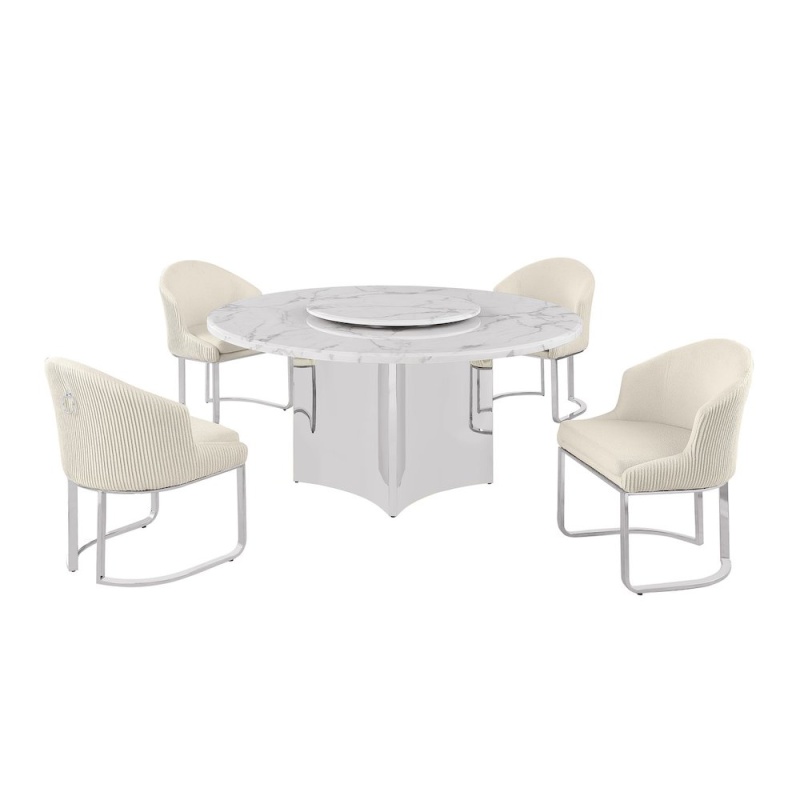 5Pc Circle Marble Top With Lazy Susan And 4 Cream Chairs With Silver Base