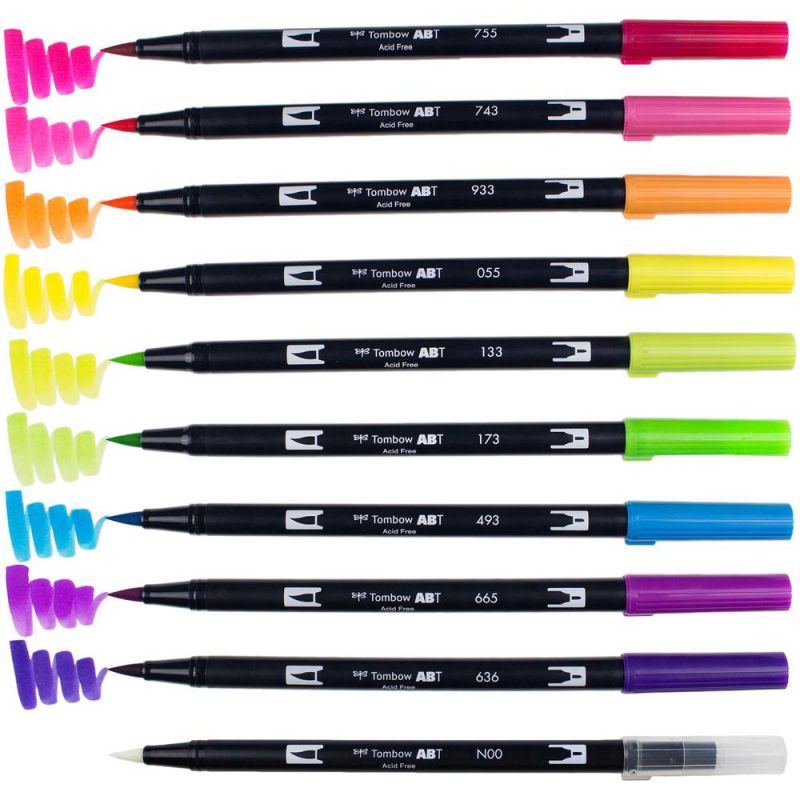 Tombow Dual Brush Art Pen 10-Piece Set - Bright Colors - Hot Pink, Orange, Chartreuse, Willow Green, Purple, Rubine Red, Process Yellow, Reflex Blue, Imperial Purple Water Based Ink - Nylon Tip - 1 /