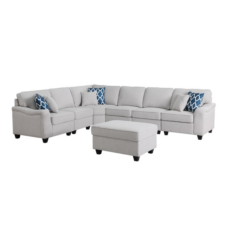 Leo Light Gray Linen 7Pc Modular L-Shape Sectional Sofa And Ottoman