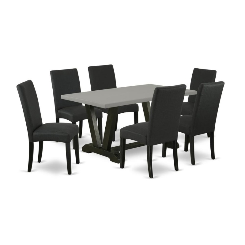 East West Furniture 7-Piece Dining Room Set with 6 Black Linen Chairs