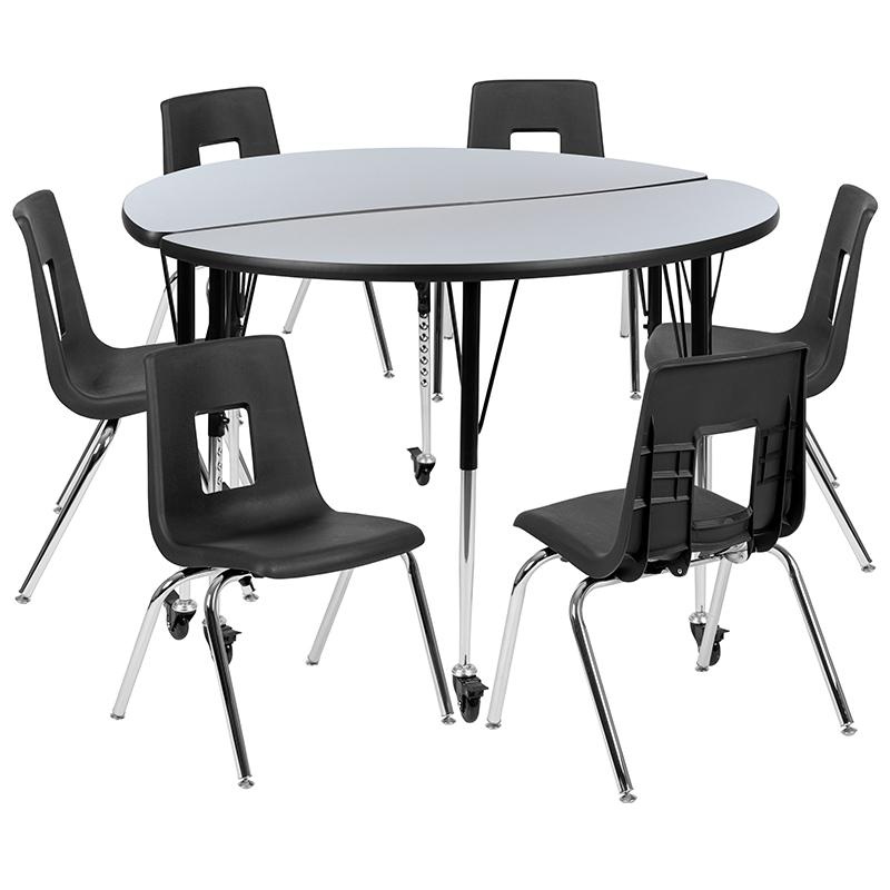 Mobile 47.5" Circle Wave Collaborative Laminate Activity Table Set With 18" Student Stack Chairs, Grey/Black