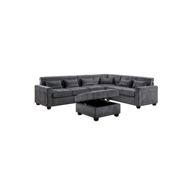 Trey 115"W Gray Chenille Sectional Sofa With Adjustable Backrest