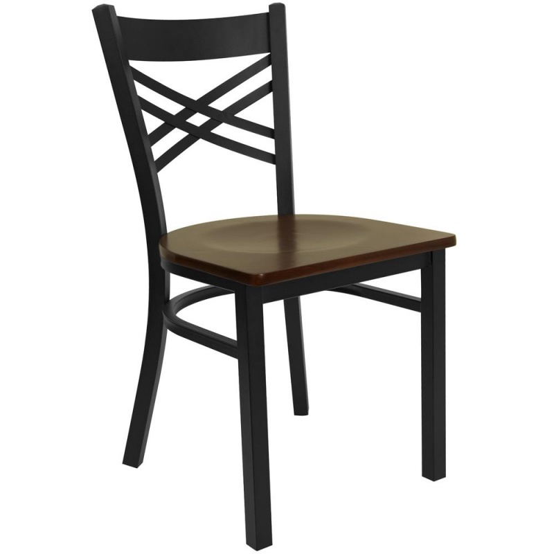 Black X-Back Metal Restaurant Chair with Mahogany Wood Seat