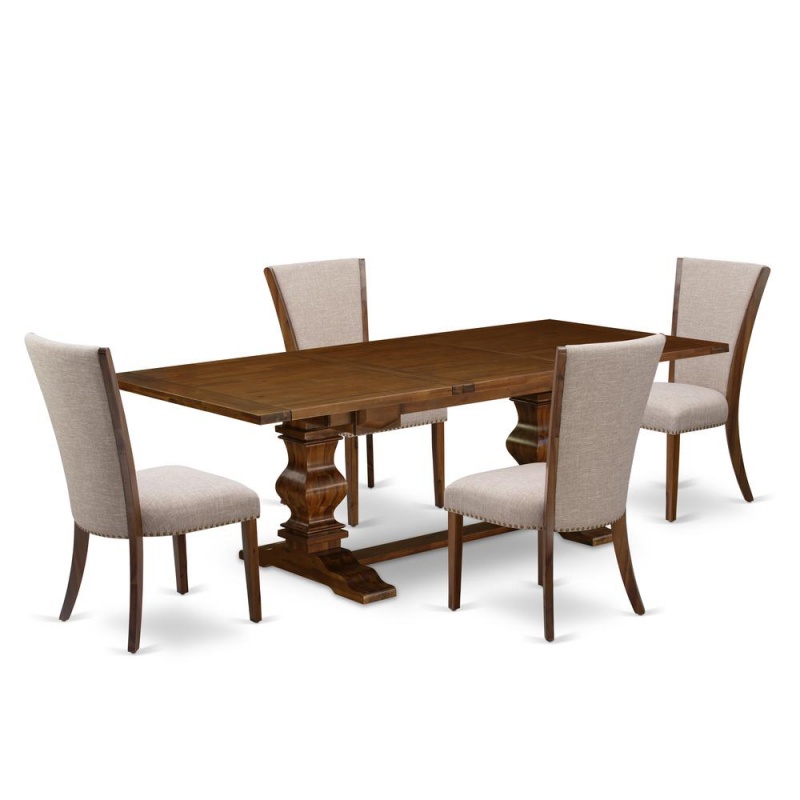 East West Furniture Modern 5-Piece Dining Table Set with 4 Light Tan Linen Chairs