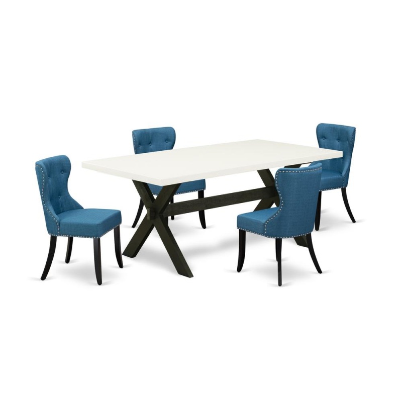 East West Furniture X627si121-5 5-Pc Dinette Set- 4 Upholstered Dining Chairs With Blue Linen Fabric Seat And Button Tufted Chair Back - Rectangular Table Top & Wooden Cross Legs - Linen White And Bla