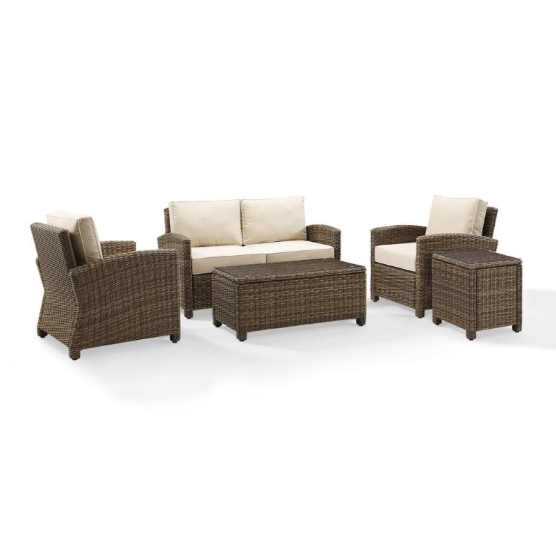Bradenton 5Pc Outdoor Wicker Conversation Set Sand/Weathered Brown - Loveseat, 2 Arm Chairs, Side Table, Glass Top Table