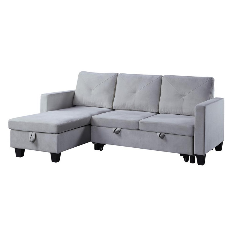 Nova Light Gray Velvet Reversible Sleeper Sectional Sofa With Storage Chaise