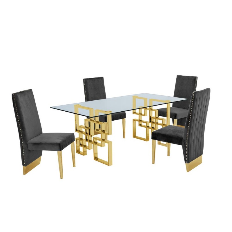 Classic 7 Piece Dining Set With Glass Table Top And Stainless Steel Legs W/Pleated Chairs, Dark Grey