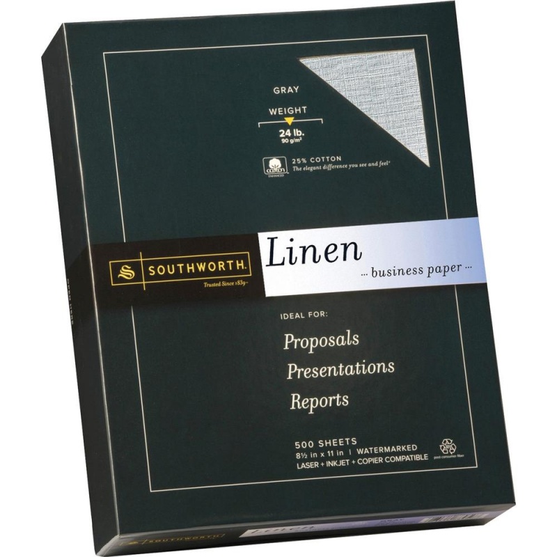 Southworth 25% Cotton Fine Linen Business Paper - Letter - 8 1/2" X 11" - 24 Lb Basis Weight - Linen - 500 / Box - Acid-Free, Watermarked, Date-Coded, Lignin-Free - Gray