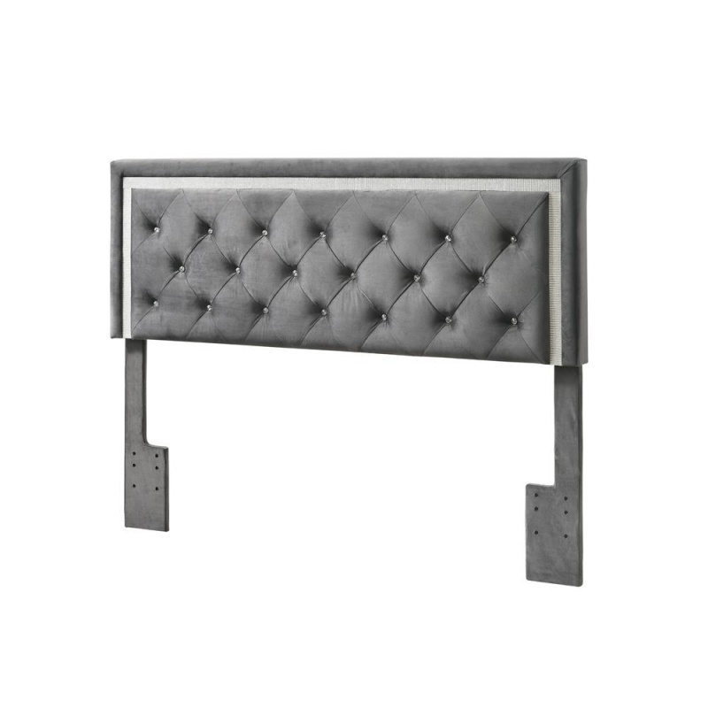 Dark Grey Velvet Uph. Panel Bed With Accents - Queen