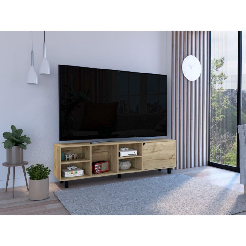 Depot E-Shop Conquest Tv Stand, Back Holes, Four Open Shelves, Five Legs- Light Oak, For Living Room