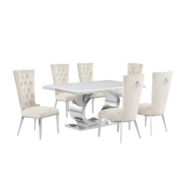 7Pc Small 68" Marble Top Dining Set With 6 Cream Side Chairs
