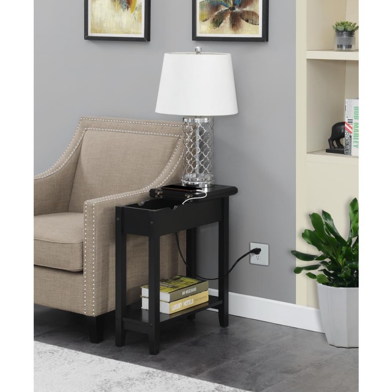 American Heritage Flip Top End Table With Charging Station, Black
