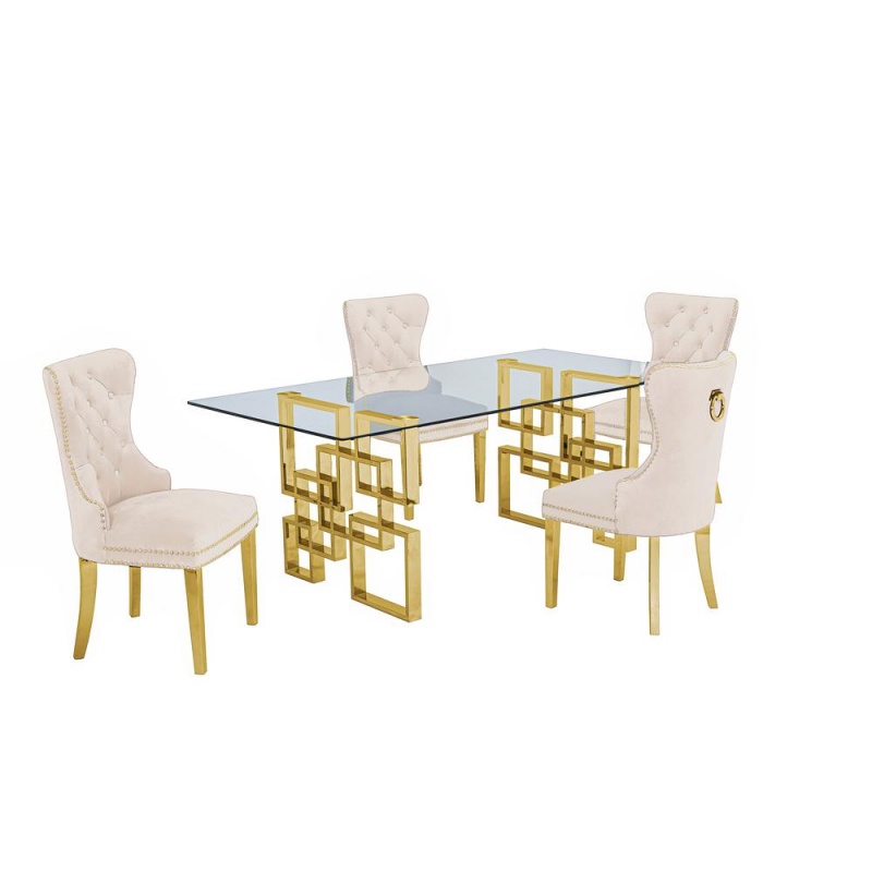 Classic 5 Piece Dining Set With Glass Table Top And Stainless Steel Legs, Beige