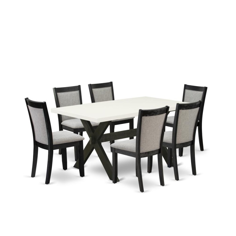X626mz606-7 7 Pc Dining Table Set - Linen White Wooden Dining Table With 6 Shitake Dinning Chairs - Wire Brushed Black Finish