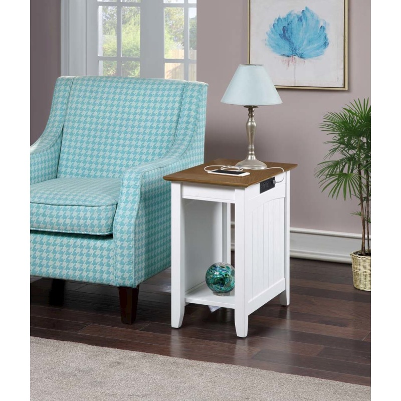 Edison End Table With Charging Station And Shelf, Driftwood/White
